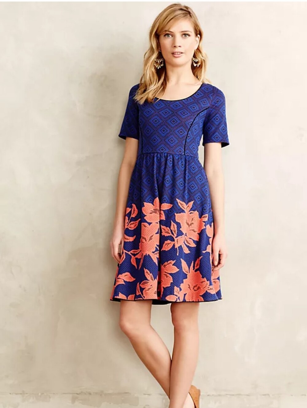 Anthropologie Navy and Coral Floral Fit-and-Flare Mini Dress